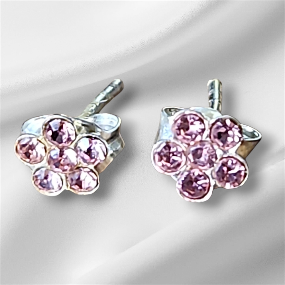 Silver Tons and Pink Flower Stud Earrings Womens